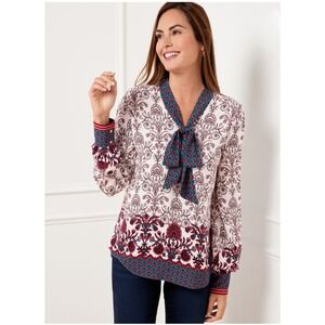 Talbots Women's Tie Neck Soft Top Damask Floral Size Med Pink Teal Wine Cream